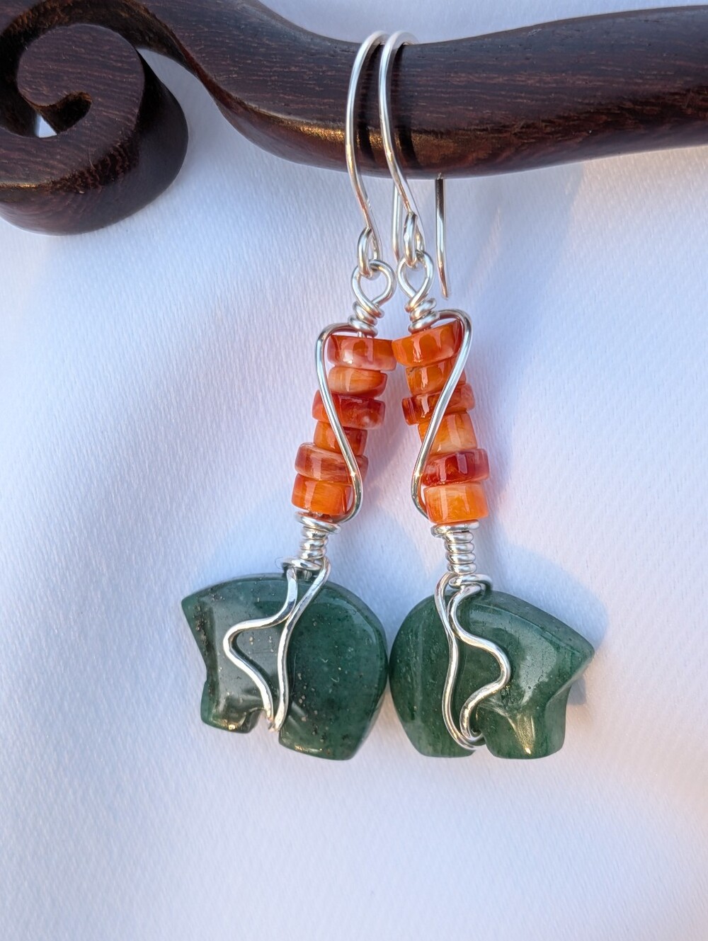 Sterling Silver Animal Fetish Earrings- Green Aventurine And Orange Spiny Oyster